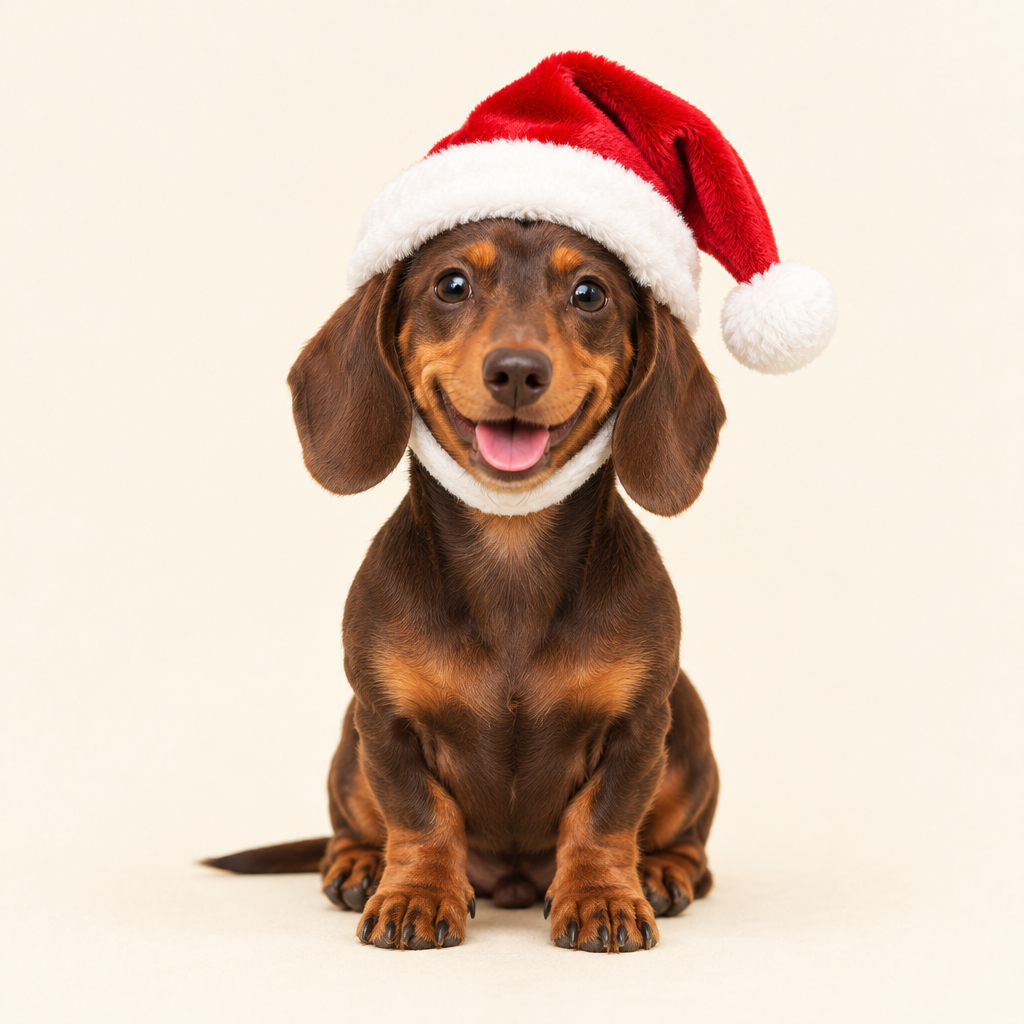 Miniature Dachshund wearing the Santa's Helper hat