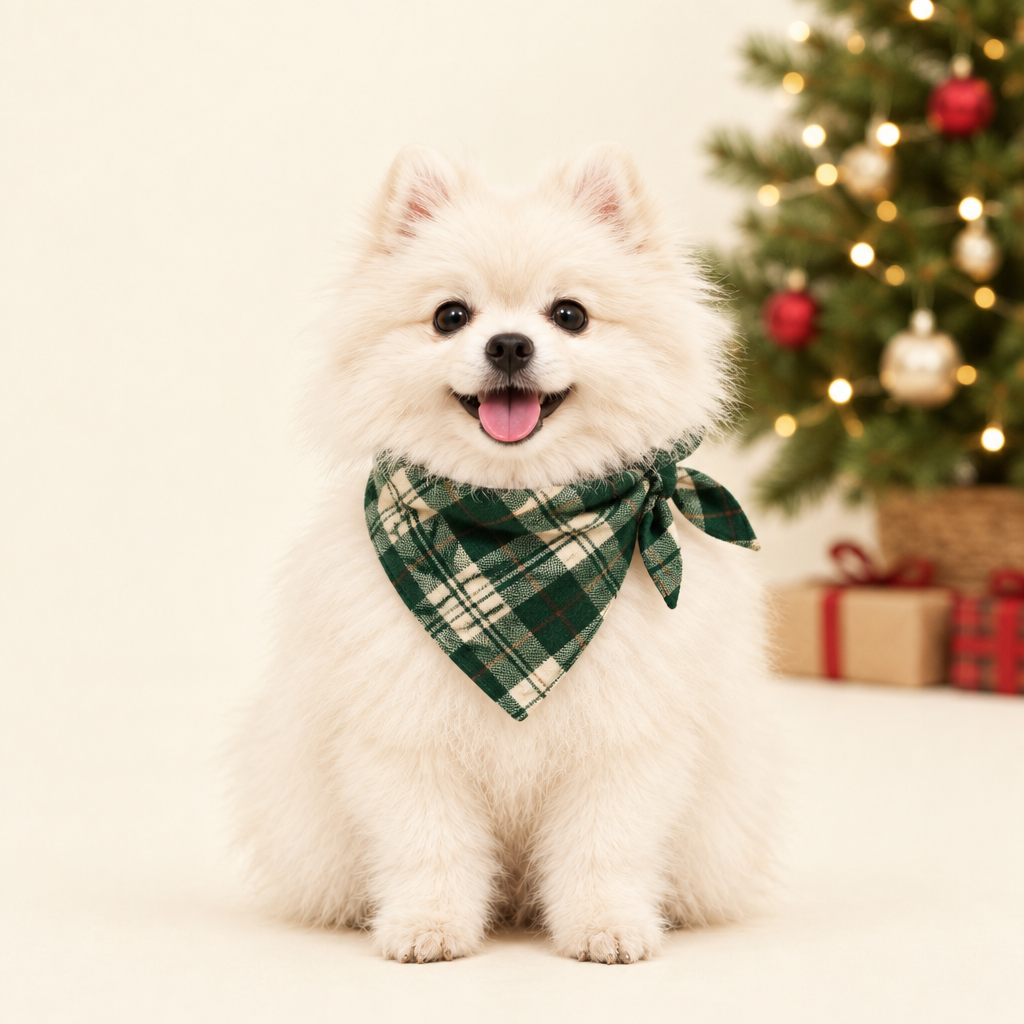 Pomeranian wearing the Merry Woofmas tartan bandana