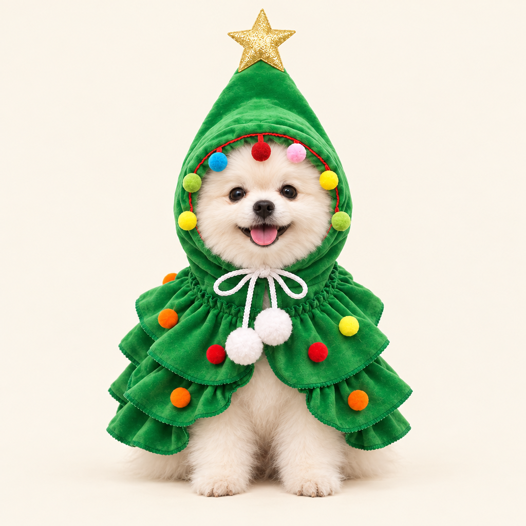 Tiny Tinsel Christmas tree pet costume, Festive Green