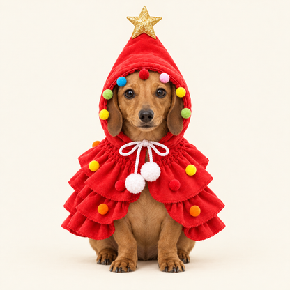Tiny Tinsel Christmas tree pet costume, Santa Red, on a miniature Dachshund