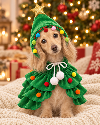Miniature Dachshund in Tiny Tinsel by the Christmas tree
